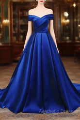 Royal Blue Satin Sweetheart Off Shoulder Long Formal Dresses, A-Line Evening Prom Dresses